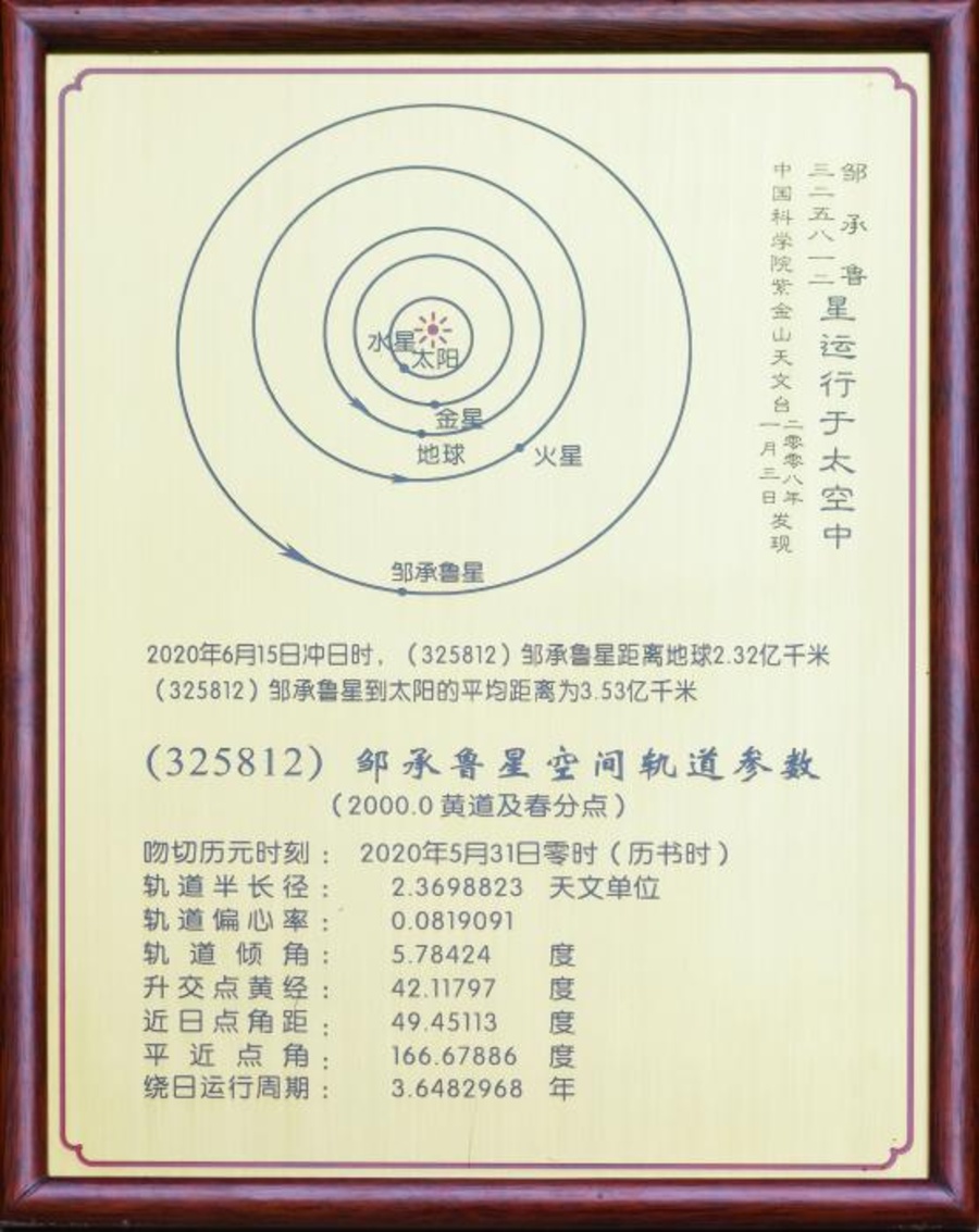 “邹承鲁星”空间轨道参数牌匾。中科院生物物理所 供图 点击进入下一页